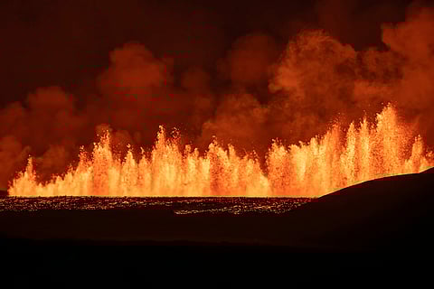 Iceland Volcano Eruption: View of the lava fountains pouring out from the new eruptive fissure